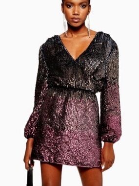 Topshop Sequin Wrap Mini Dress - Pink/Black - Altered/Refinished